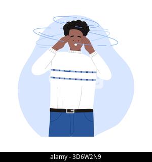 Young man holding head with swirling lines showing vertigo symptoms on isolated white background vector illustration Stock Vector