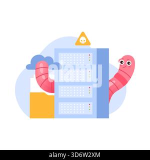 Isolated cartoon worm attacking cloud server and data folder in cybersecurity threat vector illustration Stock Vector