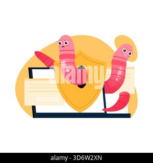 Cartoon worms attacking computer blocked by shield, symbolizing isolated cybersecurity threat vector illustration Stock Vector