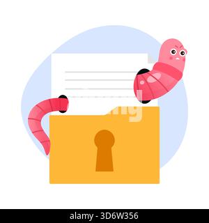 Cartoon worms invading isolated locked folder symbolizing malware or data breach vector illustration Stock Vector