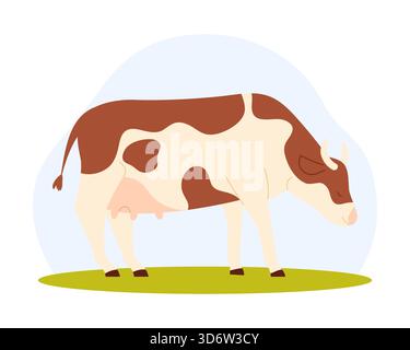 Brown and white dairy cow standing on grass, isolated for biogas production concept vector illustration Stock Vector