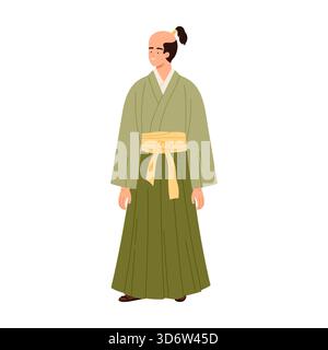 Smiling traditional Japanese man wearing kimono and topknot hairstyle on isolated white background vector illustration Stock Vector