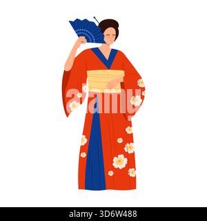 Elegant Japanese woman in floral kimono holding fan, standing isolated on white background vector illustration Stock Vector