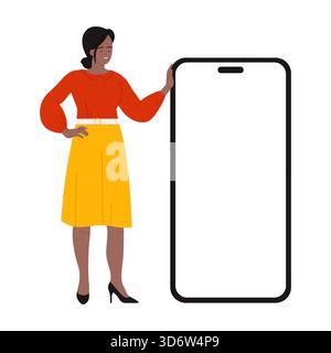 Confident woman in colorful outfit with oversized phone on white isolated background vector illustration Stock Vector