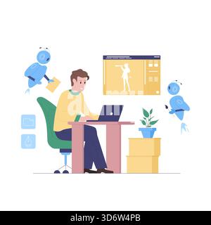 Person at desk using laptop assisted by friendly robots in creative workspace isolated vector illustration Stock Vector