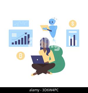Isolated woman using laptop with robot assistant analyzing finance and cryptocurrency charts vector illustration Stock Vector