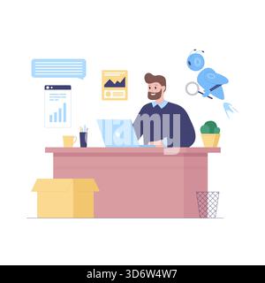 Smiling man at desk with laptop and flying robot helper on isolated white background vector illustration Stock Vector