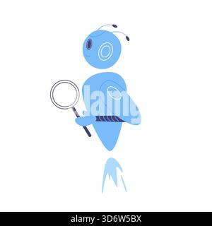 Friendly blue robot character holding magnifying glass isolated on white background vector illustration Stock Vector