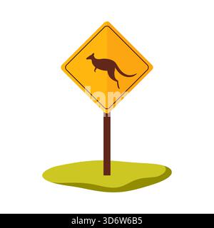 Yellow kangaroo warning road sign isolated on white background for Australia travel vector illustration Stock Vector