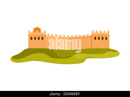Famous Great Wall of China landmark on green hills, isolated on white background vector illustration Stock Vector