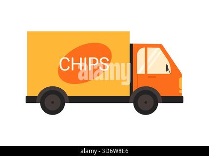 Bright orange delivery truck transporting chips on a white isolated background vector illustration Stock Vector