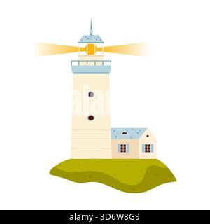 Classic Denmark lighthouse with house on grassy hill, isolated and shining light vector illustration Stock Vector