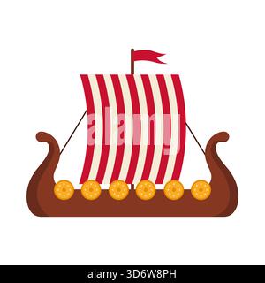 Classic isolated Danish Viking ship with striped sail and shields on white background vector illustration Stock Vector