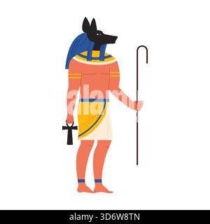 Stylized isolated depiction of Anubis, ancient Egyptian god with jackal head, holding ankh vector illustration Stock Vector