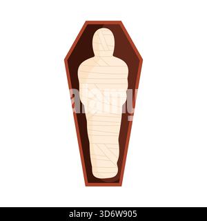 Isolated ancient Egyptian mummy wrapped in bandages inside a brown wooden sarcophagus vector illustration Stock Vector