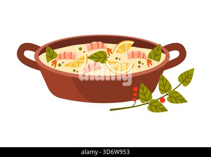 Isolated Finnish fish soup with shrimp, lemon, and herbs in a pot on white background vector illustration Stock Vector
