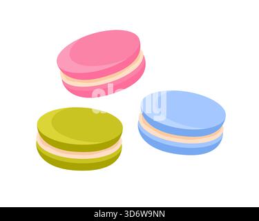 Three vibrant French macarons in pink, blue, and green on an isolated white background vector illustration Stock Vector
