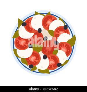 Top view of a Greek salad with tomatoes, cheese, olives, and basil leaves on an isolated plate vector illustration Stock Vector