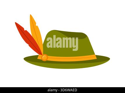 Green Tyrolean hat with colorful feathers and yellow band isolated on white background vector illustration Stock Vector