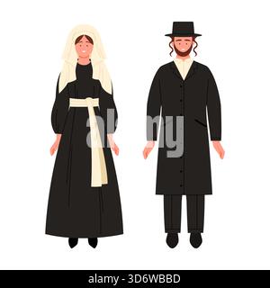 Man and woman in traditional Israel Orthodox Jewish attire on white isolated background vector illustration Stock Vector