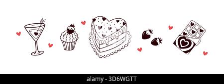 Valentines Day Doodle Sweets Illustration Set Cute Love Desserts Stock Vector