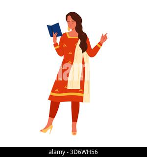 Isolated Indian woman in traditional red attire holding book and gesturing on white background vector illustration Stock Vector
