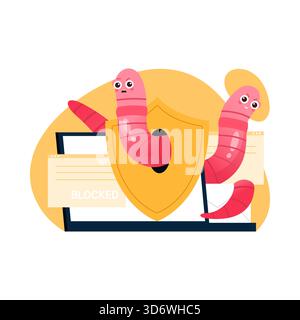 Cartoon worms attacking computer blocked by shield, symbolizing isolated cybersecurity threat vector illustration Stock Vector