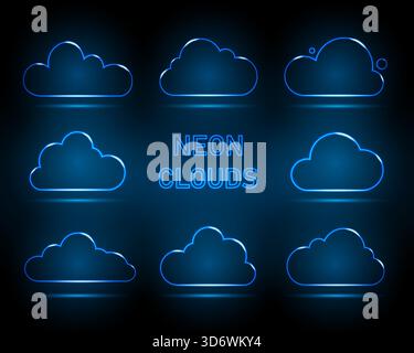A set of eight neon clouds. Neon digital cloud icons on a black and blue background. Stock Vector