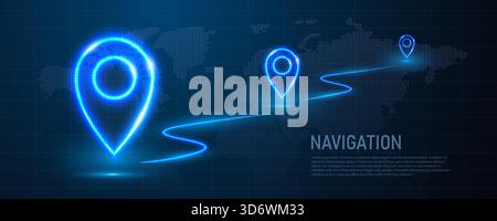 A banner with neon GPS coordinates. Neon map pins on a dark blue background. Stock Vector