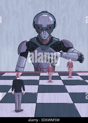 Evil looking Android playing chess with human pieces. Digital illustration, my own artwork. Stock Photo
