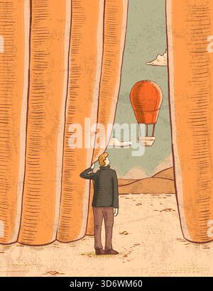 Opening a curtain reveals a landscape with an hot air balloon soaring in the sky. Digital illustration. Stock Photo