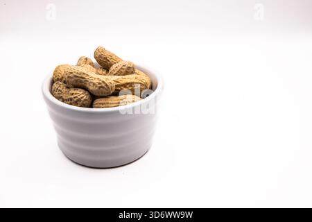 Monkey nuts arranged in a white dish on a plain background, suitable for food, snack, and ingredient themes. Stock Photo