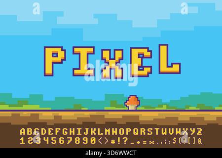 a retro pixel text alphabet and symbols set Stock Vector