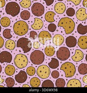 Chocolate Chip cookies doodle seamless pattern. Vector illustration flat design background. Stock Vector
