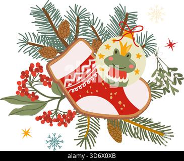 Vector christmas gingerbread sock cookie and pine, fir branches, bauble with frog illustration isolated on transparent background. Christmas clipart for food background. Xmas decor with cotoneaster. Stock Vector