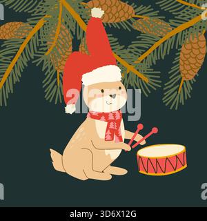 Cute christmas rabbit festive card with spruce branch on dark background. Christmas Bunny in xmas scarf, hat and fir branch border with empty space for text. Vector illustration in cartoon flat style. Stock Vector