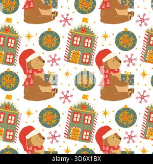 Christmas pattern with gingerbread houses, forest animals in santa hat, baubles. Pattern with Cute bear and gift in cartoon flat style. Vector illustration on dark background. Stock Vector