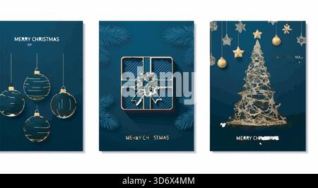 Christmas vector poster set with gold snowflakes, ribbon ornaments, glowing star and abstract tree forms in dark teal — luxury festive design Stock Vector