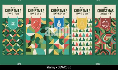 Set of modern christmas packaging patterns with abstract geometric backgrounds and holiday icons in red and green color Stock Vector