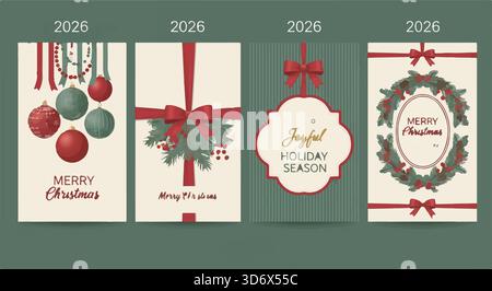 Christmas and Happy New Year greeting card vector set — cream and red classic Christmas frames with pine leaves and ribbons, festive theme for cards, Stock Vector