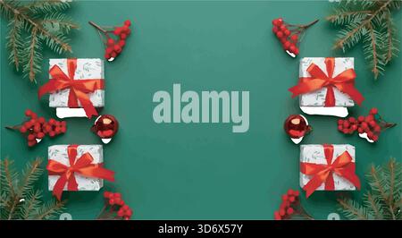 Vertical green Merry Christmas and Happy New Year greeting card banner in paper art style with snowy winter landscape, red village, forest scene Stock Vector