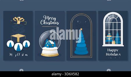 Chic Christmas cards set. Festive flat illustrations: snow globe, tree, gift, window. Navy and gold color scheme. Modern holiday design. Stock Vector
