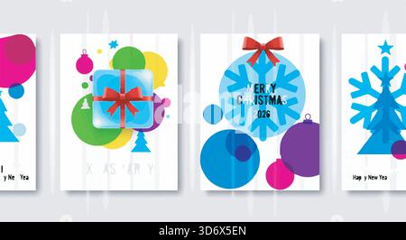 Colorful Christmas & New Year card designs. Abstract geometric style with trees, gifts, ornaments. Vector illustration. Stock Vector