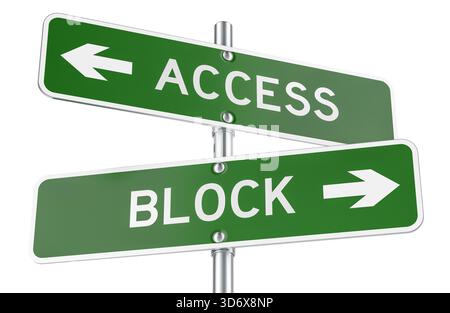 Access or Block green direction arrows, street signs. 3D rendering isolated on white background Stock Photo