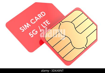 Sim card 5G LTE. Modern mobile communication and internet connectivity concept. 3D rendering isolated on white background Stock Photo