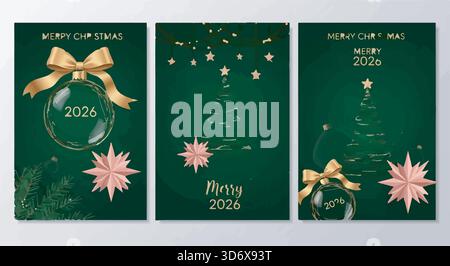 Elegant Merry Christmas 2026 card set. Festive green background with gold accents, ornaments and stars. Holiday design. Stock Vector