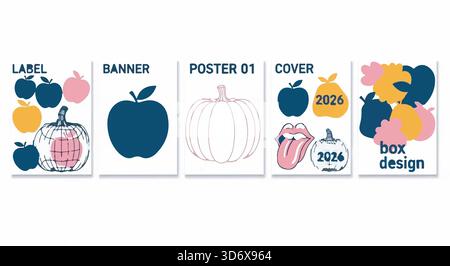 Abstract design element set. Apple, pear, pumpkin, tongue, box. Label, banner, poster, cover. Vector illustration. Stock Vector
