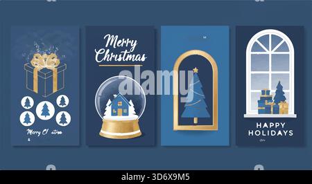 Set of four blue and gold Christmas cards with gifts, snow globe, tree, and window. Holiday greetings. Vector illustration. Stock Vector