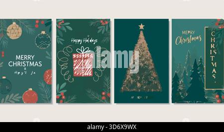 Set of Christmas cards. Dark green backgrounds with trees, gifts, ornaments, and holiday greetings. Festive, modern design. Stock Vector