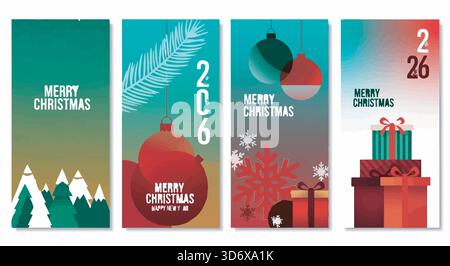 Four Christmas banners featuring ornaments, gifts, trees, and snowflakes. Vector illustration, festive, modern design. Stock Vector